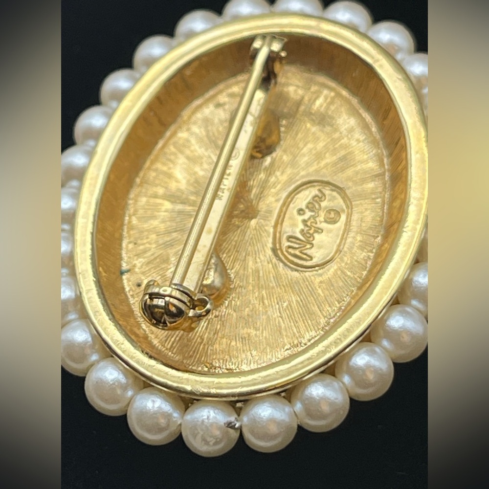 Vintage Napier Rose Quartz Faux Pearl Gold Tone Oval Brooch Tea Rose - Picture 4 of 14